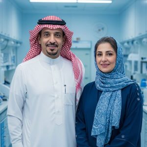 saudi man and a woman wearing traditional saudi clothes