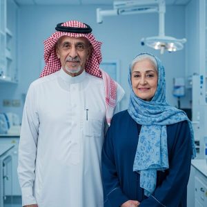 an senior saudi man and a woman wearing traditional saudi clothes